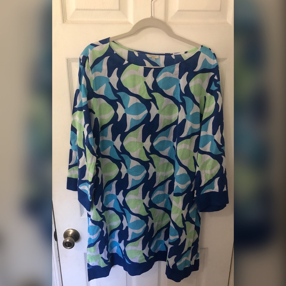 Talbots blue & green fish Tunic Linen Top XL